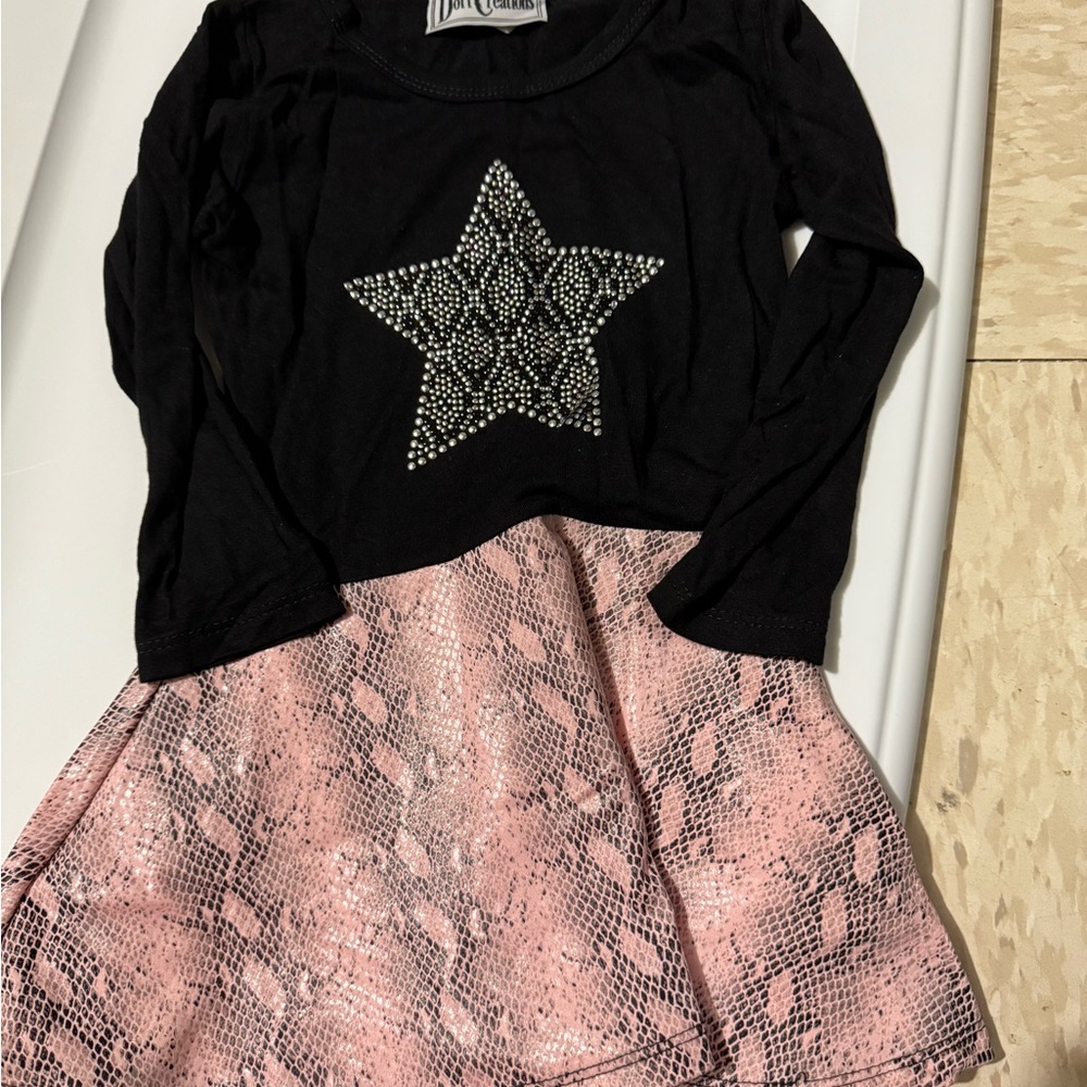 Dazzling Black Star Long Sleeve Tee with Pink Skirt